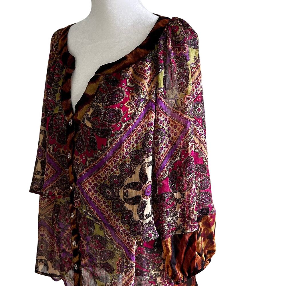 Fig & Flower Blouse Womens 2X Sheer Paisley Boho Peasant Top Mixed Print Plus - Picture 5 of 9
